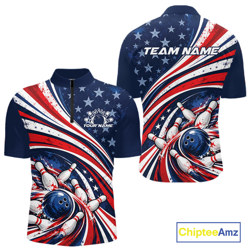 Custom Patriotic US Flag Bowling League Quarter Zip Shirt, American Flag Bowling Jerseys