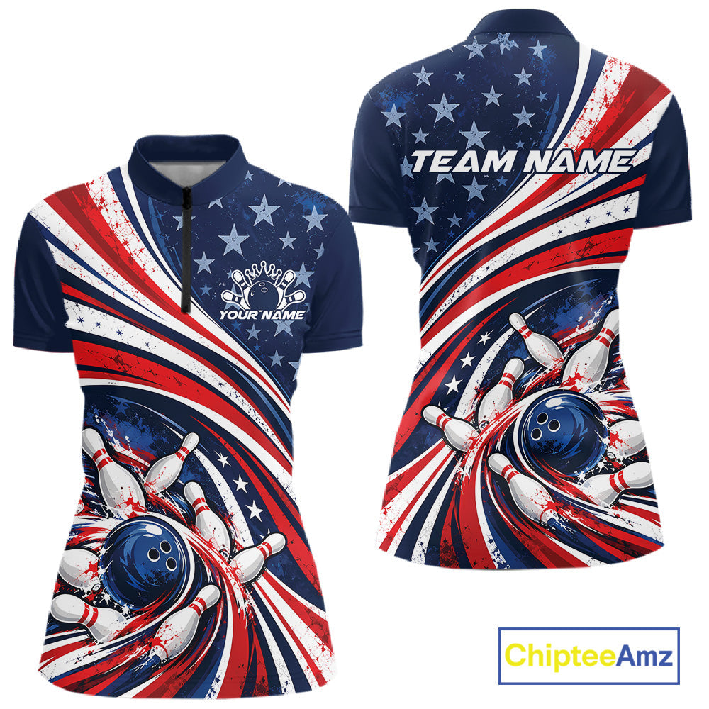 Custom Patriotic US Flag Bowling League Quarter-Zip Shirt, American Bowling Jersey