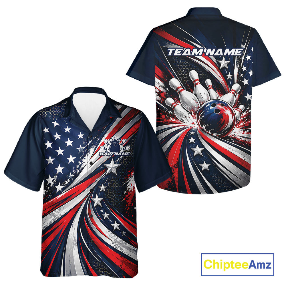 Personalized Patriotic Bowling Jerseys, US Flag Bowling League Button Up Shirt And