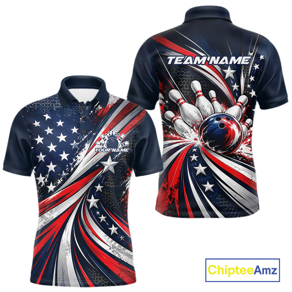Personalized Patriotic Bowling Jerseys, US Flag Bowling League Polo Shirt