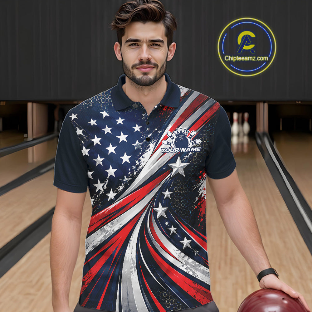 Personalized Patriotic Bowling Jerseys, US Flag Bowling League Polo Shirt