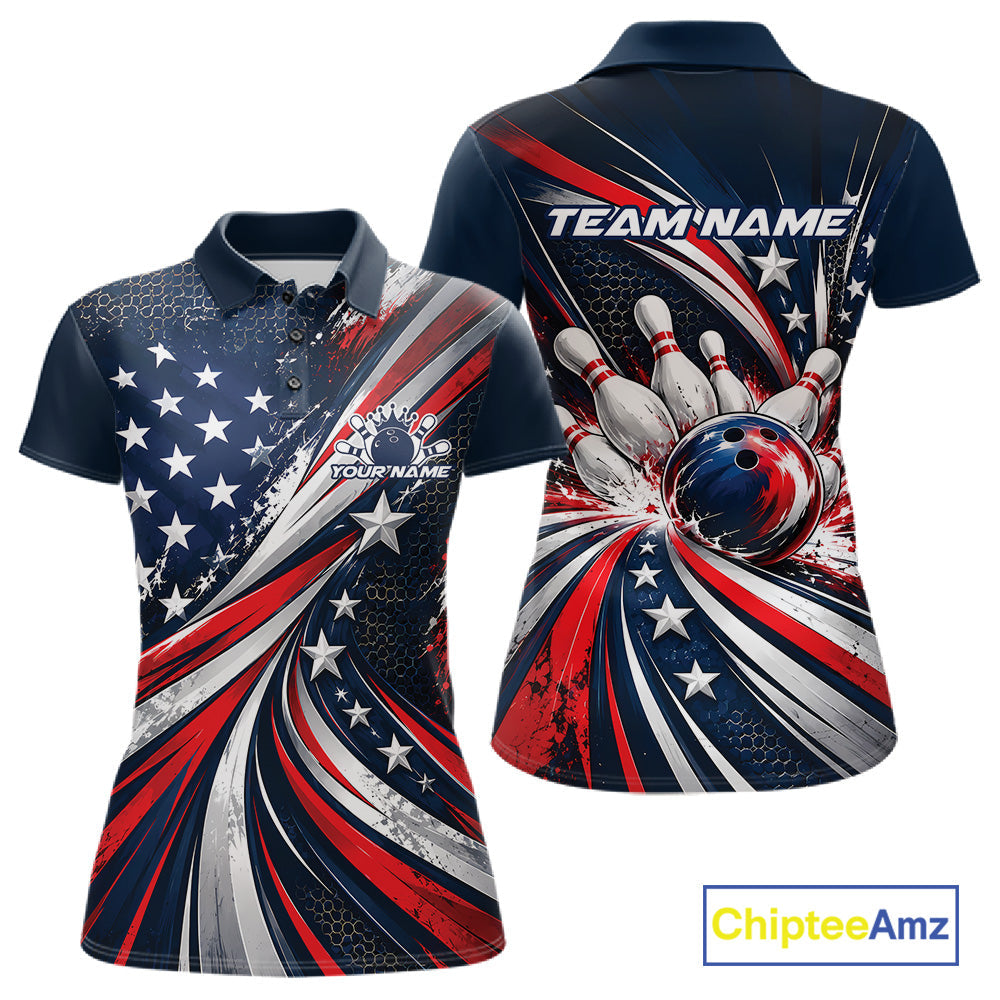 Personalized Patriotic Bowling Jerseys, US Flag Bowling League Polo Shirt