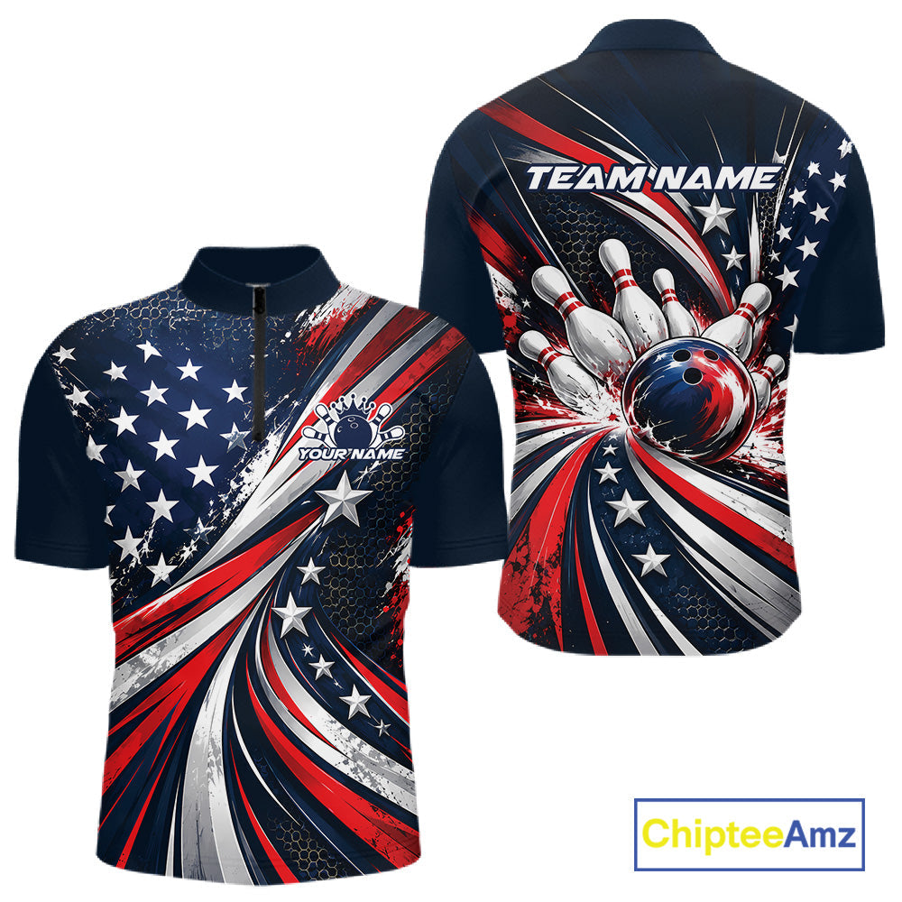 Personalized Patriotic Bowling Jerseys, US Flag Bowling League Quarter Zip Shirt