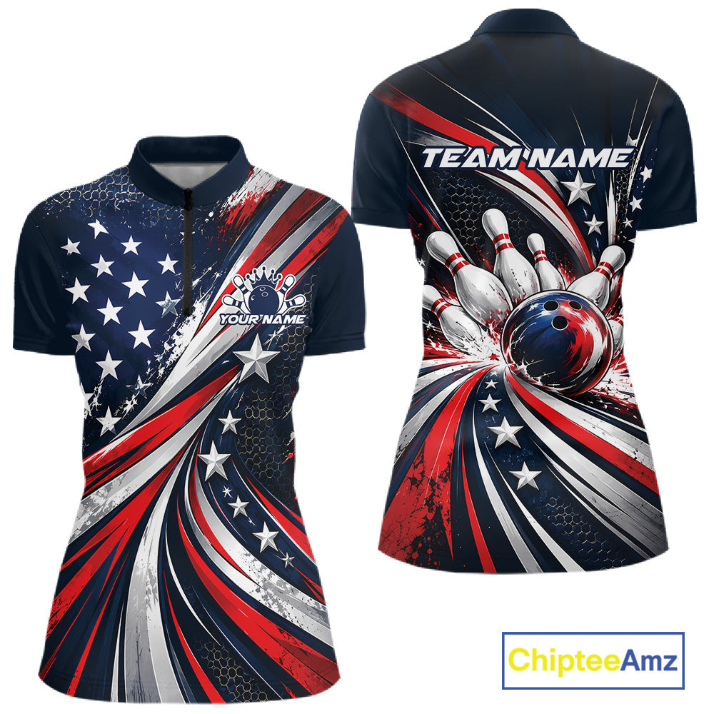 Personalized Patriotic Bowling Jerseys, US Flag Bowling League Quarter-Zip Shirt