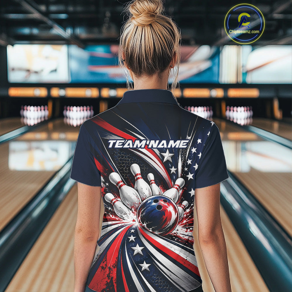 Personalized Patriotic Bowling Jerseys, US Flag Bowling League Quarter-Zip Shirt
