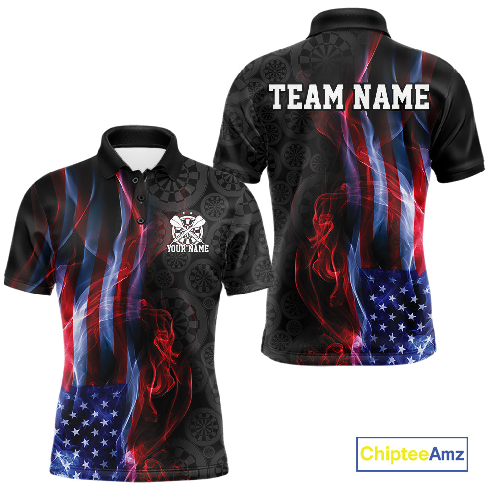 Custom Patriotic American Flag Smoke Flame Dart Jersey, Dart Team Polo Shirt