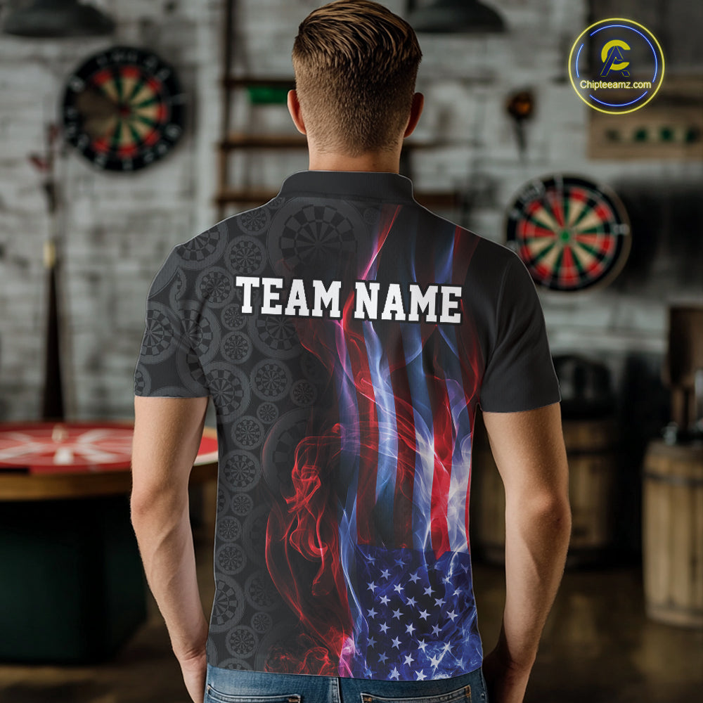 Custom Patriotic American Flag Smoke Flame Dart Jersey, Dart Team Polo Shirt