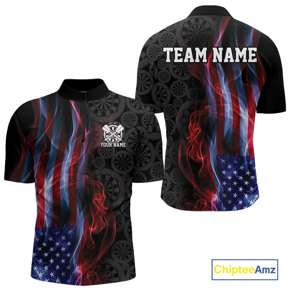 Custom Patriotic American Flag Smoke Flame Dart Jersey, Dart Team Quarter Zip Shirt