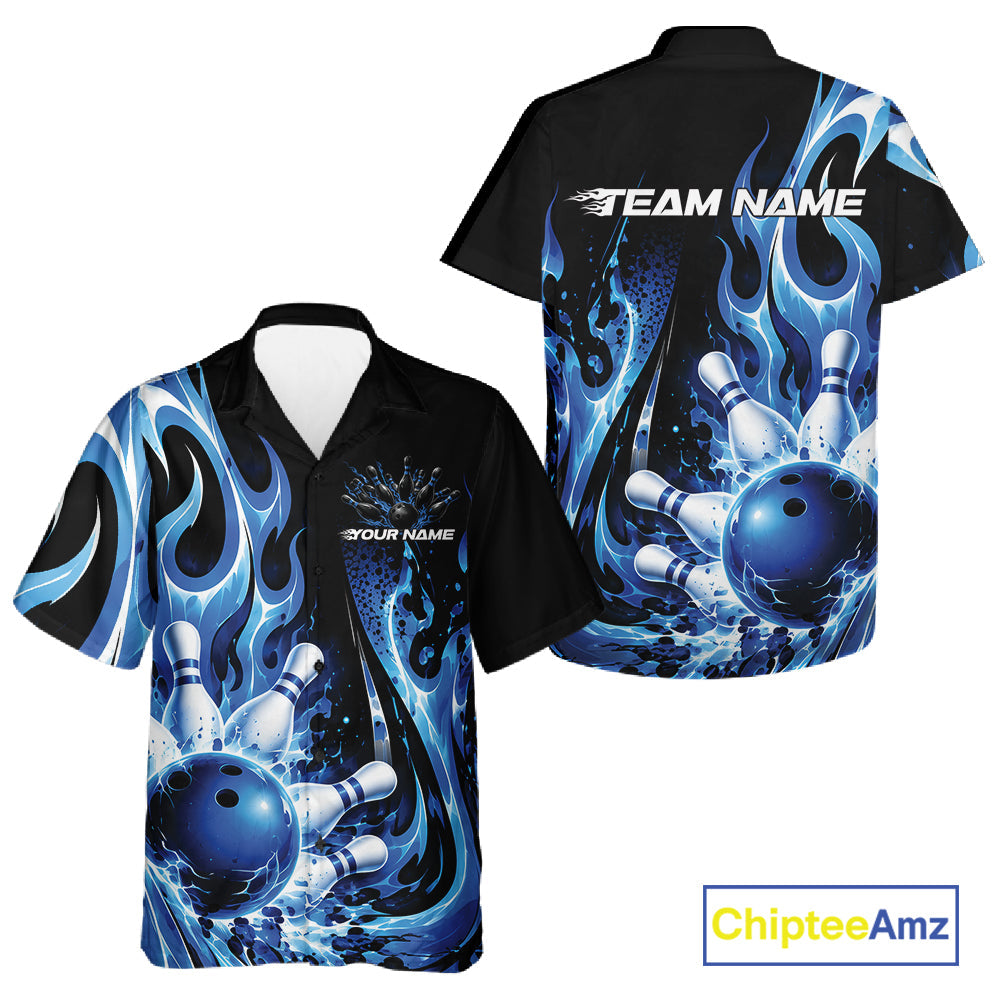 Custom Black And Blue Flame Bowling Jersey And, Bowling League Button Up Shirt