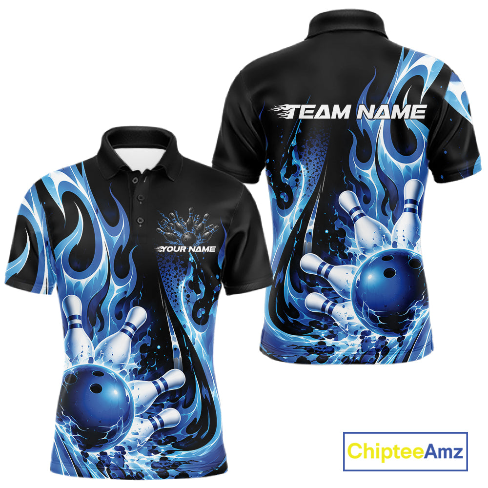 Custom Black And Blue Flame Bowling Jersey, Bowling League Polo Shirt