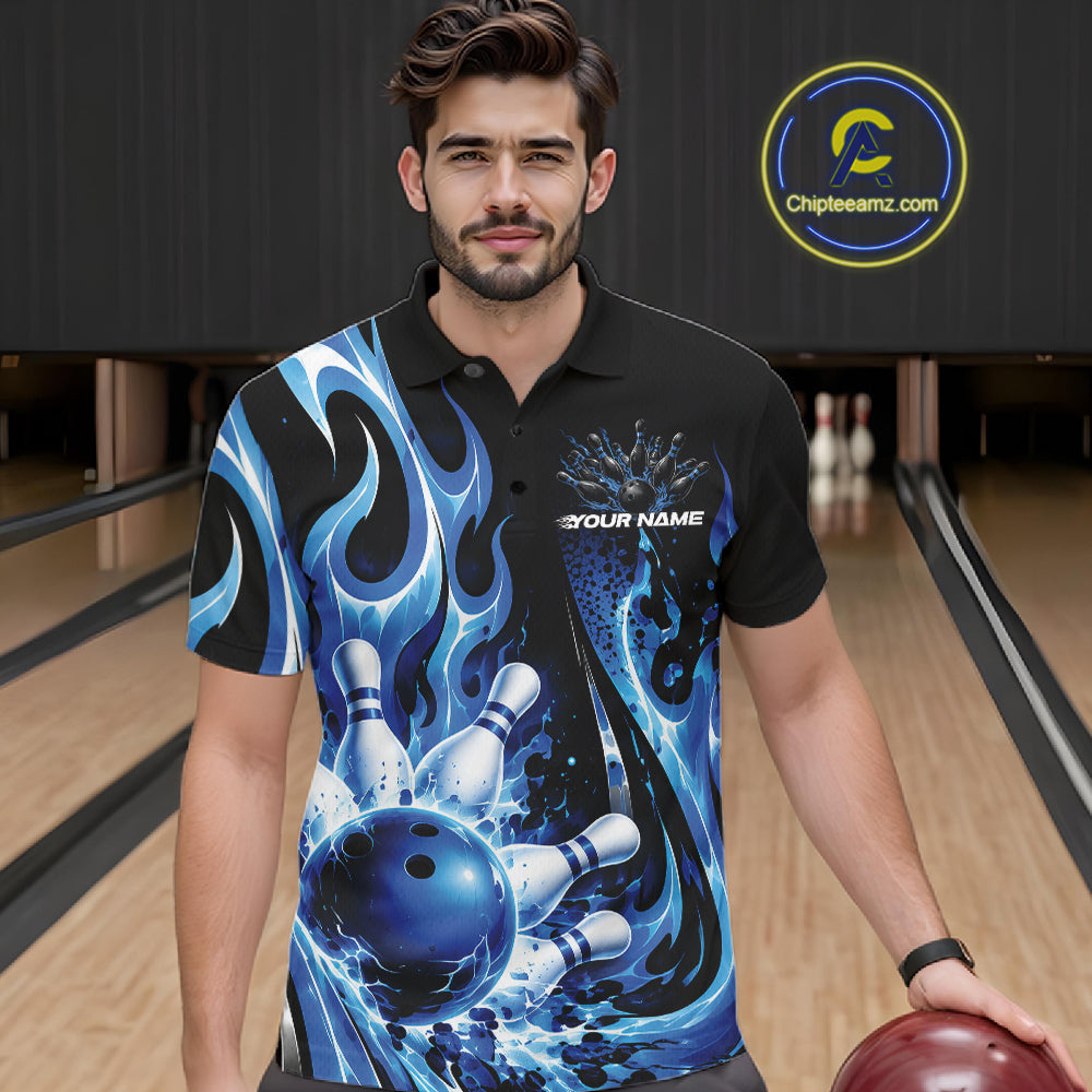 Custom Black And Blue Flame Bowling Jersey, Bowling League Polo Shirt