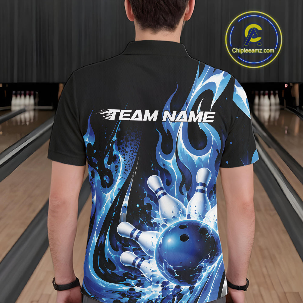 Custom Black And Blue Flame Bowling Jersey, Bowling League Polo Shirt