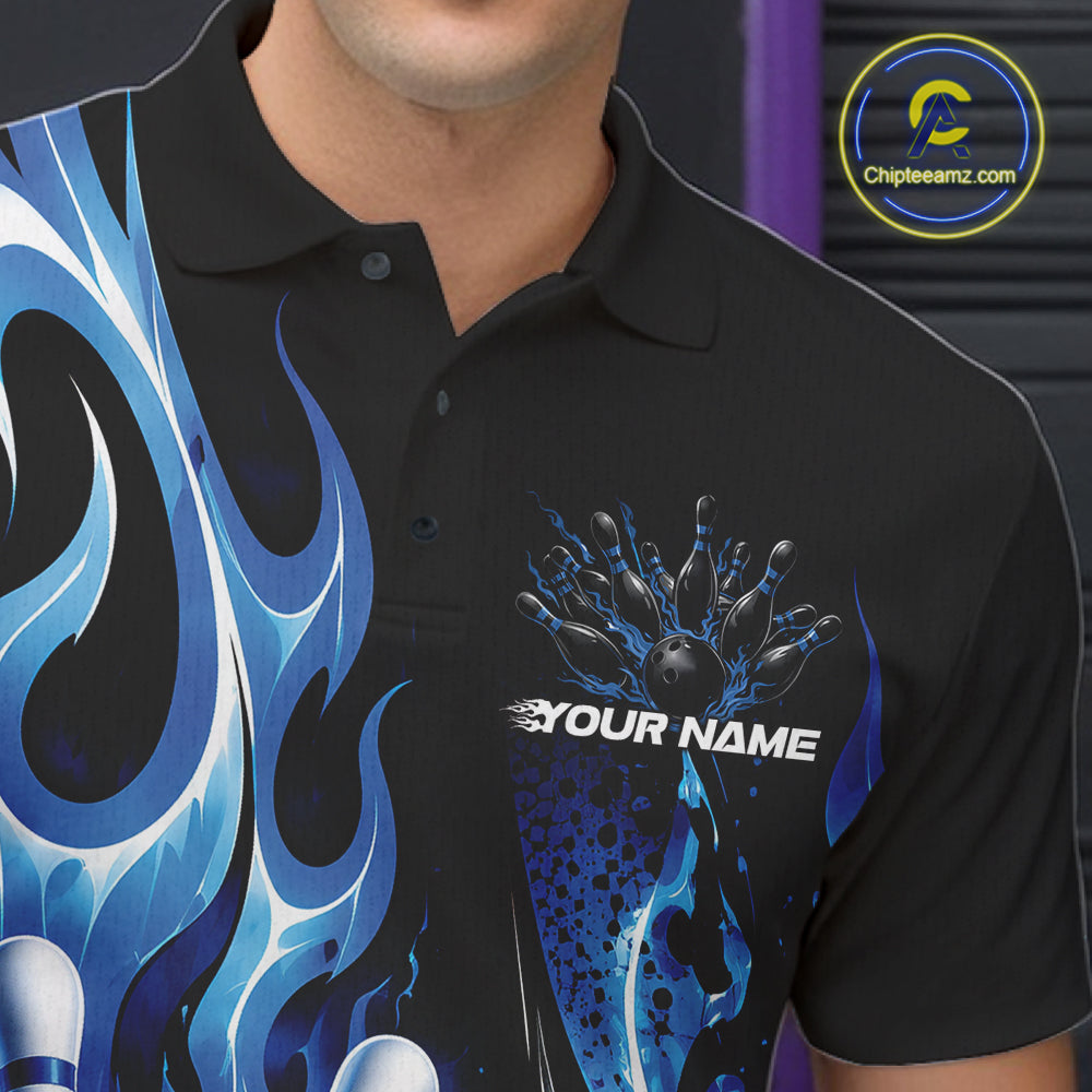 Custom Black And Blue Flame Bowling Jersey, Bowling League Polo Shirt