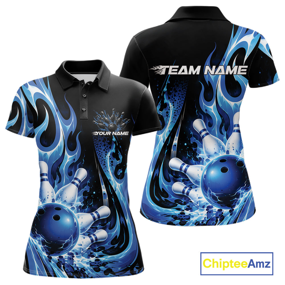 Custom Black And Blue Flame Bowling Jersey, Bowling League Polo Shirt