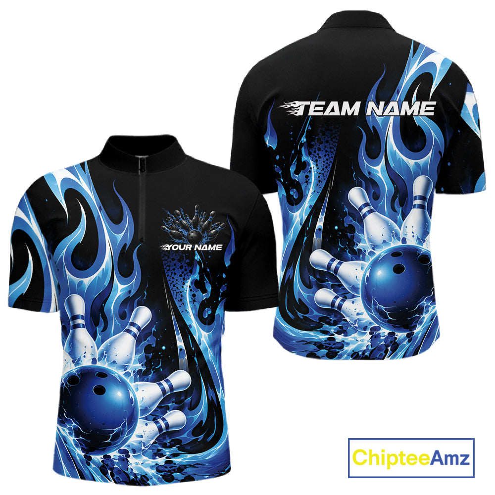 Custom Black And Blue Flame Bowling Jersey, Bowling League Quarter Zip Shirt