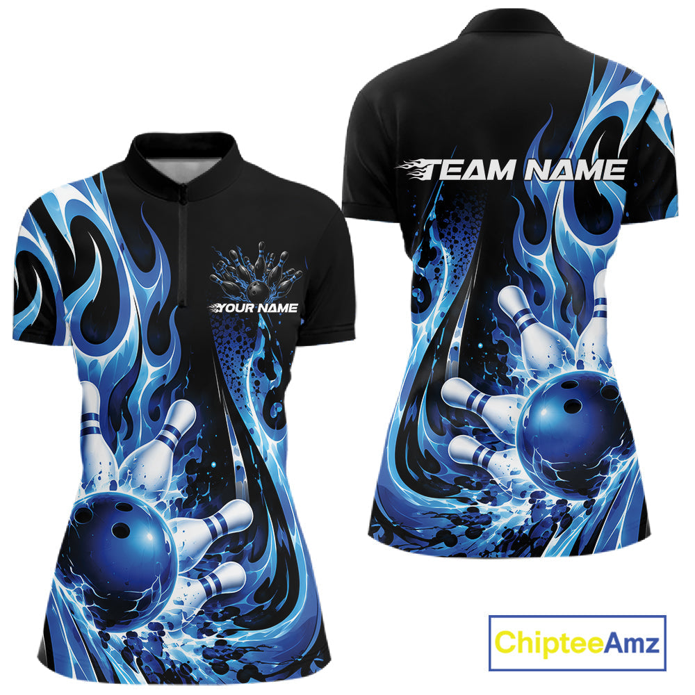 Custom Black And Blue Flame Bowling Jersey, Bowling League Quarter-Zip Shirt