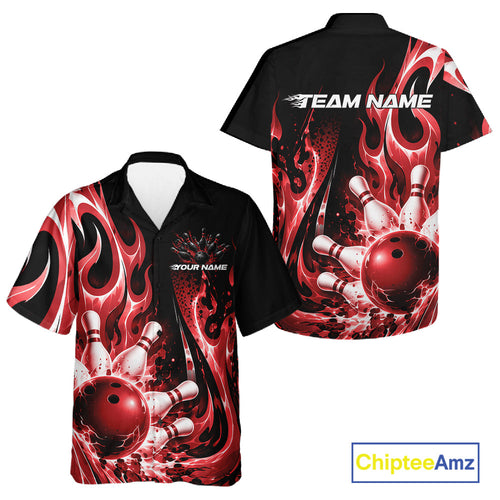 Custom Black And Red Flame Bowling Jersey And, Bowling League Button Up Shirt