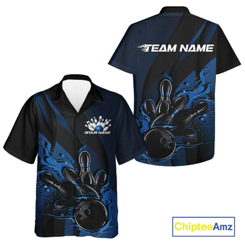 Custom Black And Blue Flame Bowling Hawaiian Shirt And, Bowling Team Tournament Jersey