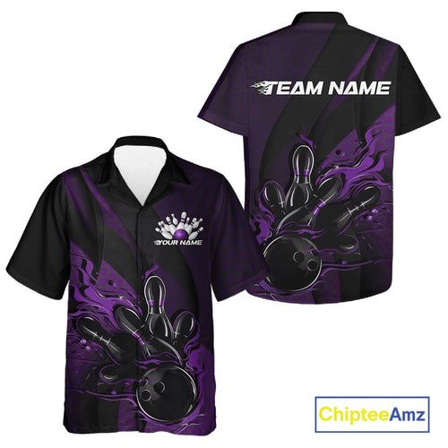 Custom Black And Purple Flame Bowling Hawaiian Shirt And, Bowling Team Tournament Jersey