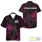 Custom Black And Pink Flame Bowling Hawaiian Shirt And, Bowling Team Tournament Jersey