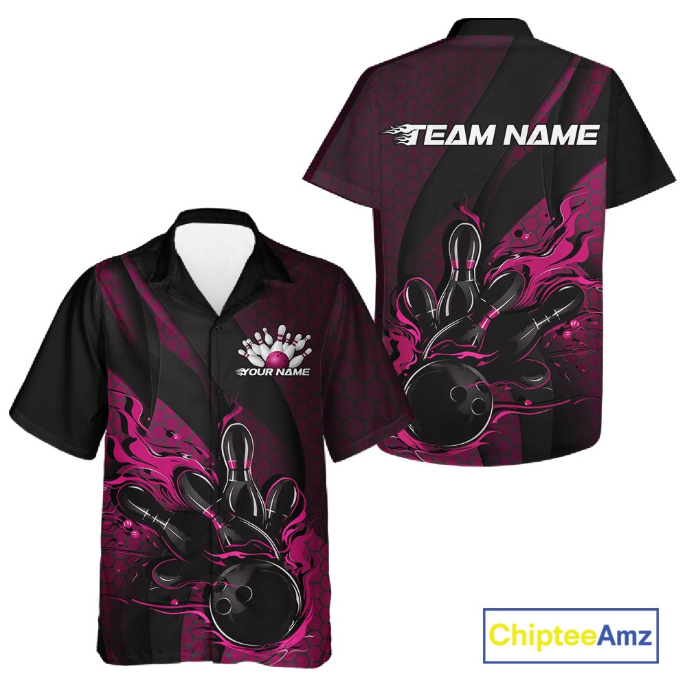 Custom Black And Pink Flame Bowling Hawaiian Shirt And, Bowling Team Tournament Jersey