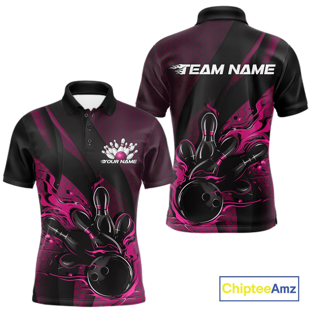 Custom Black And Pink Flame Bowling Polo Shirt, Bowling Team Tournament Jersey