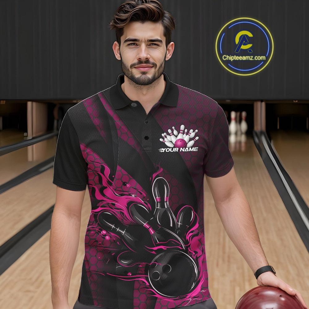Custom Black And Pink Flame Bowling Polo Shirt, Bowling Team Tournament Jersey