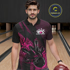 Custom Black And Pink Flame Bowling Polo Shirt, Bowling Team Tournament Jersey