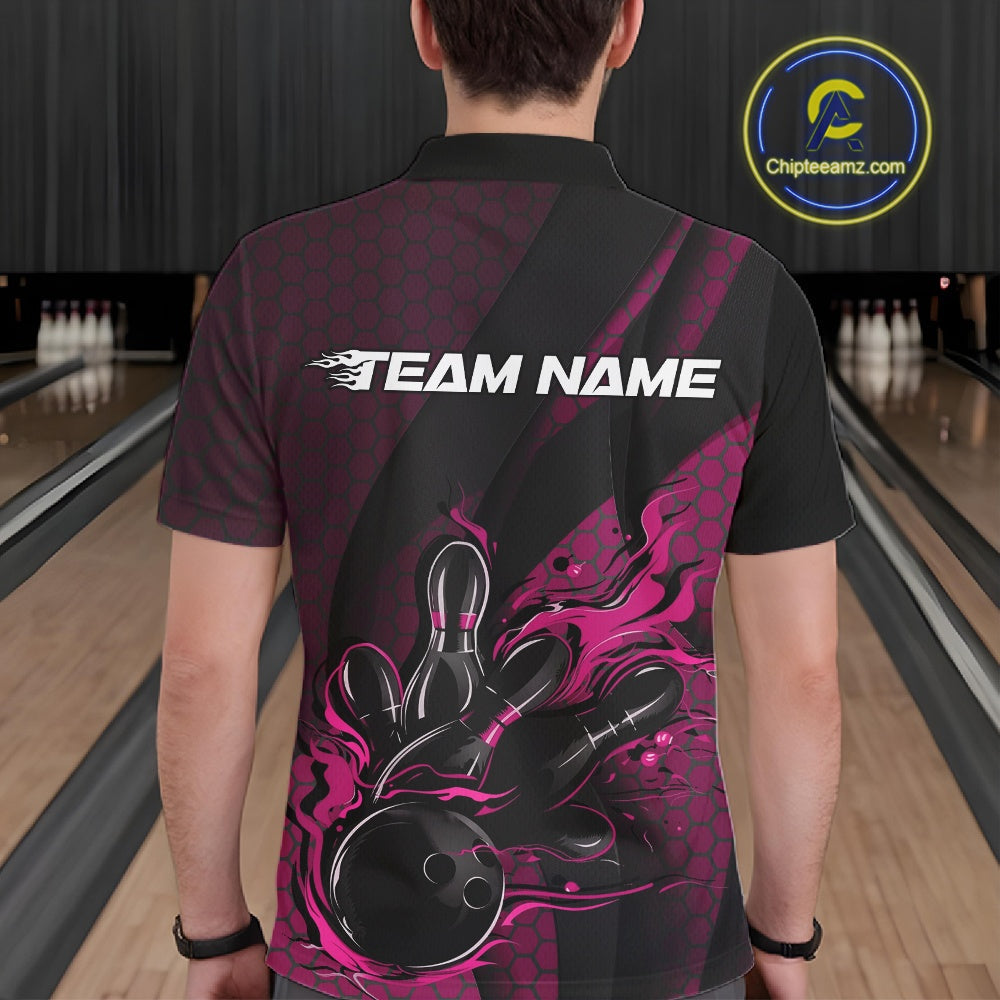 Custom Black And Pink Flame Bowling Polo Shirt, Bowling Team Tournament Jersey