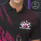 Custom Black And Pink Flame Bowling Polo Shirt, Bowling Team Tournament Jersey