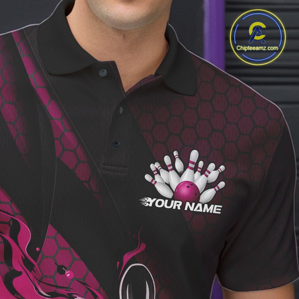 Custom Black And Pink Flame Bowling Polo Shirt, Bowling Team Tournament Jersey