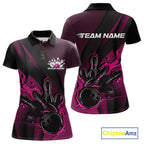 Custom Black And Pink Flame Bowling Polo Shirt, Bowling Team Tournament Jersey