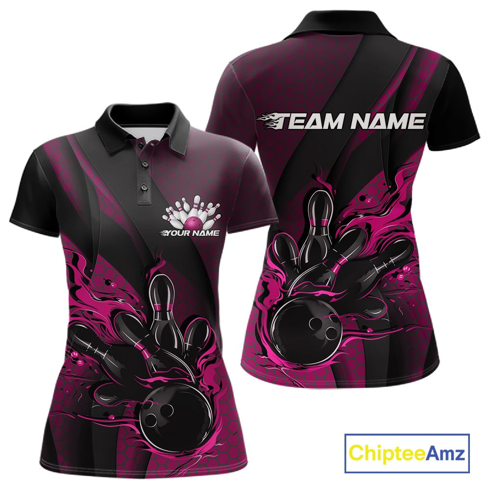 Custom Black And Pink Flame Bowling Polo Shirt, Bowling Team Tournament Jersey
