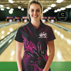 Custom Black And Pink Flame Bowling Polo Shirt, Bowling Team Tournament Jersey