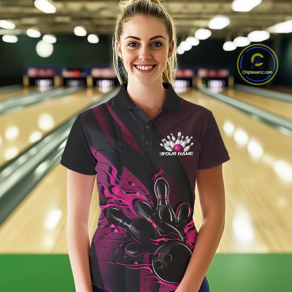 Custom Black And Pink Flame Bowling Polo Shirt, Bowling Team Tournament Jersey