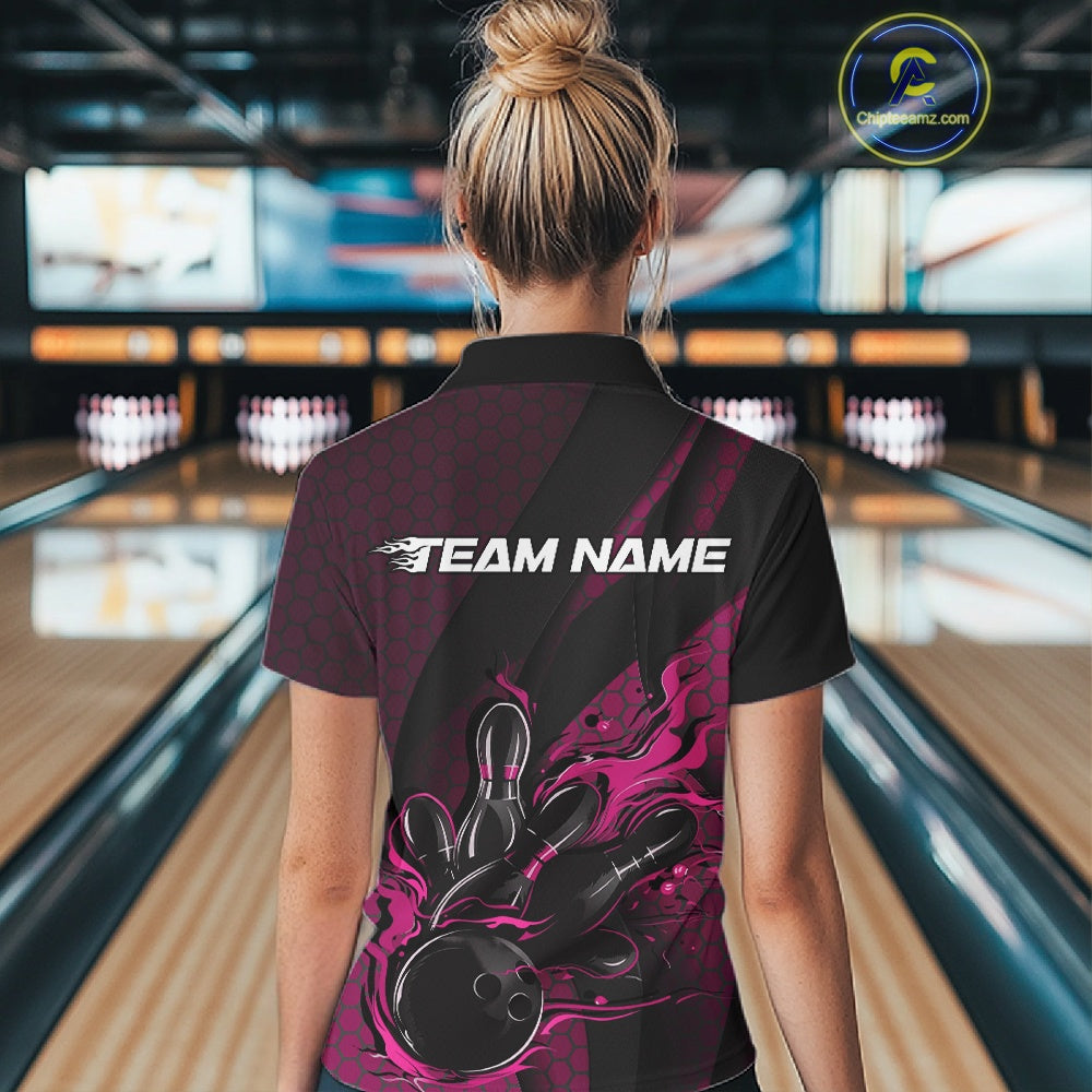 Custom Black And Pink Flame Bowling Polo Shirt, Bowling Team Tournament Jersey