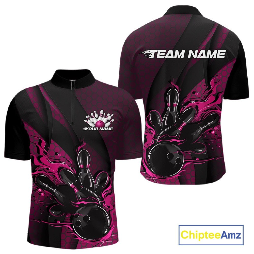 Custom Black And Pink Flame Bowling Quarter-Zip Shirt, Bowling Team Tournament Jersey