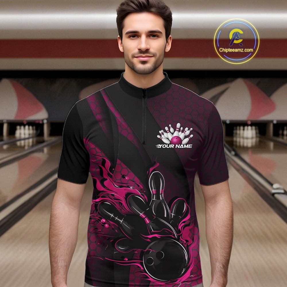 Custom Black And Pink Flame Bowling Quarter-Zip Shirt, Bowling Team Tournament Jersey