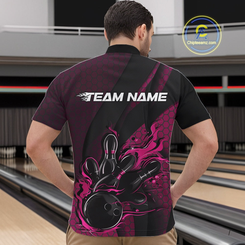 Custom Black And Pink Flame Bowling Quarter-Zip Shirt, Bowling Team Tournament Jersey