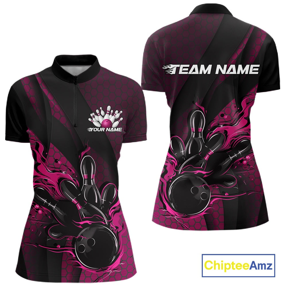 Custom Black And Pink Flame Bowling Quarter-Zip Shirt, Bowling Team Jersey