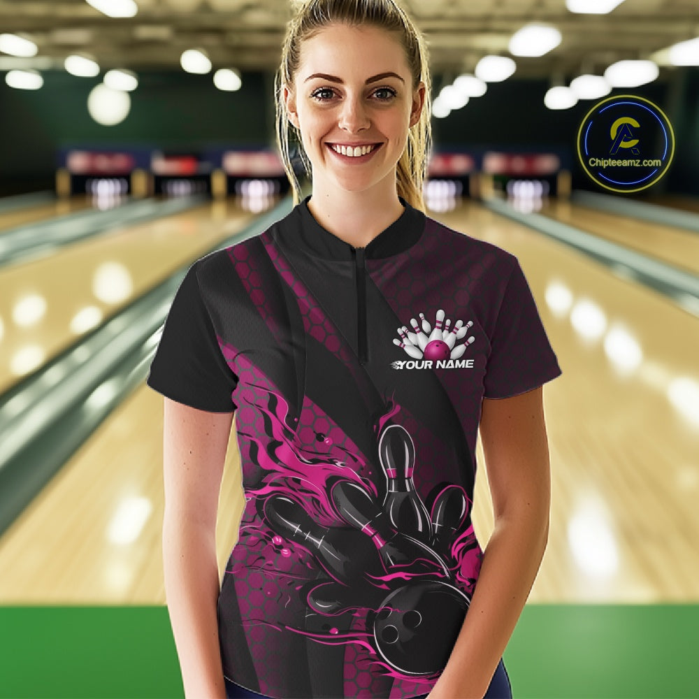 Custom Black And Pink Flame Bowling Quarter-Zip Shirt, Bowling Team Jersey