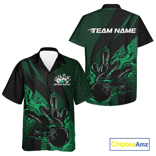 Custom Black And Green Flame Bowling Hawaiian Shirt And, Bowling Team Tournament Jersey