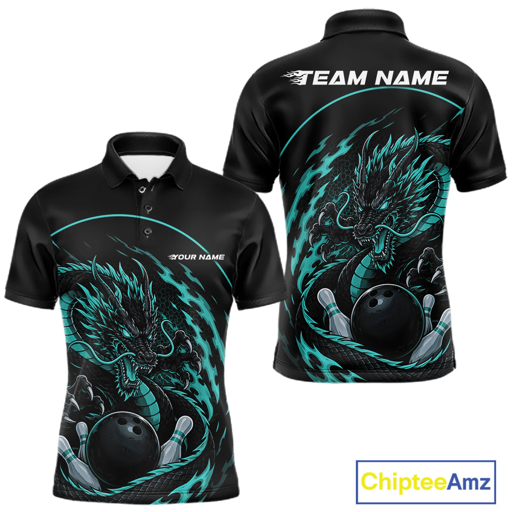 Personalized Blue Flame Coiled Dragon Bowling Polo Shirt Team Uniform