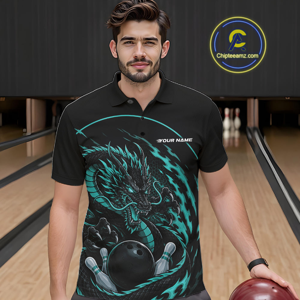 Personalized Blue Flame Coiled Dragon Bowling Polo Shirt Team Uniform