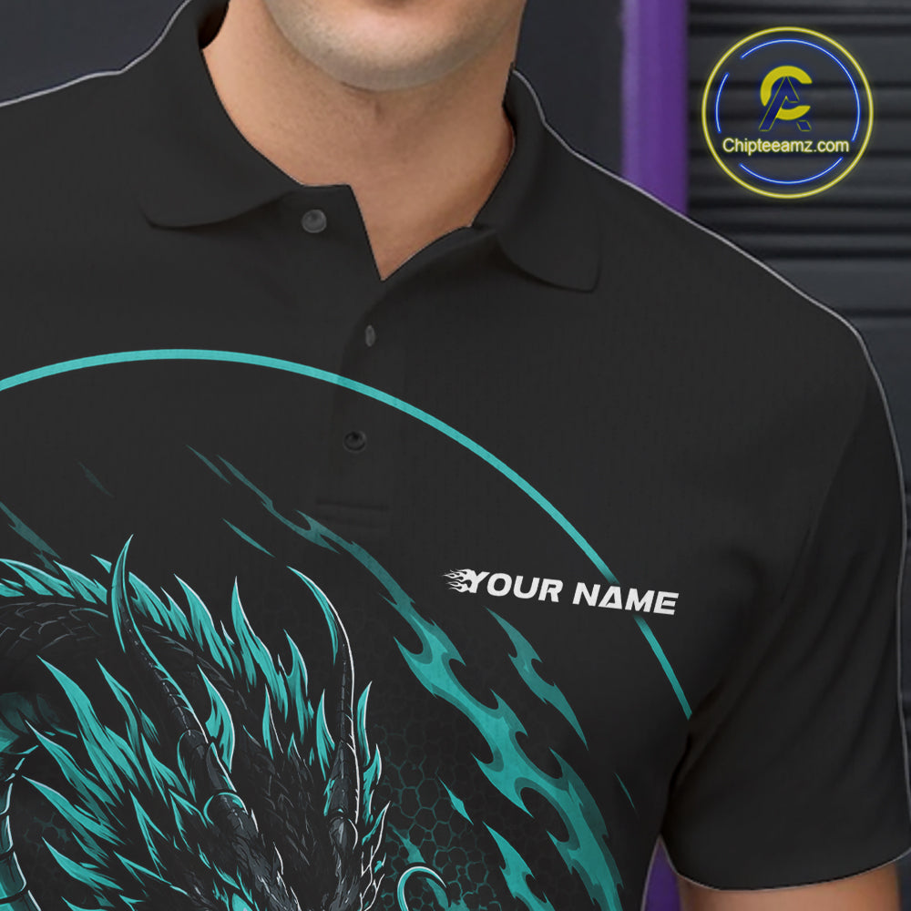 Personalized Blue Flame Coiled Dragon Bowling Polo Shirt Team Uniform