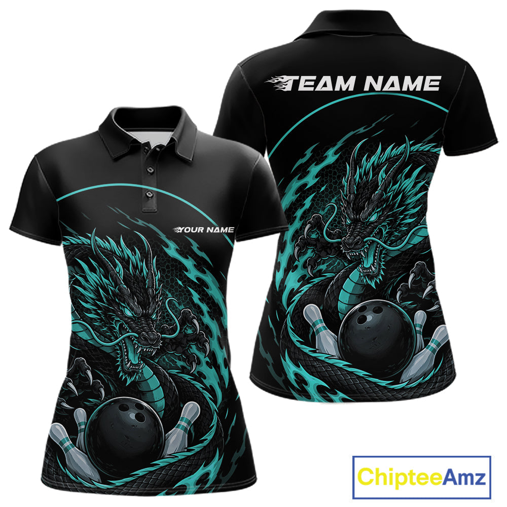 Personalized Blue Flame Coiled Dragon Bowling Polo Shirt Team Uniform