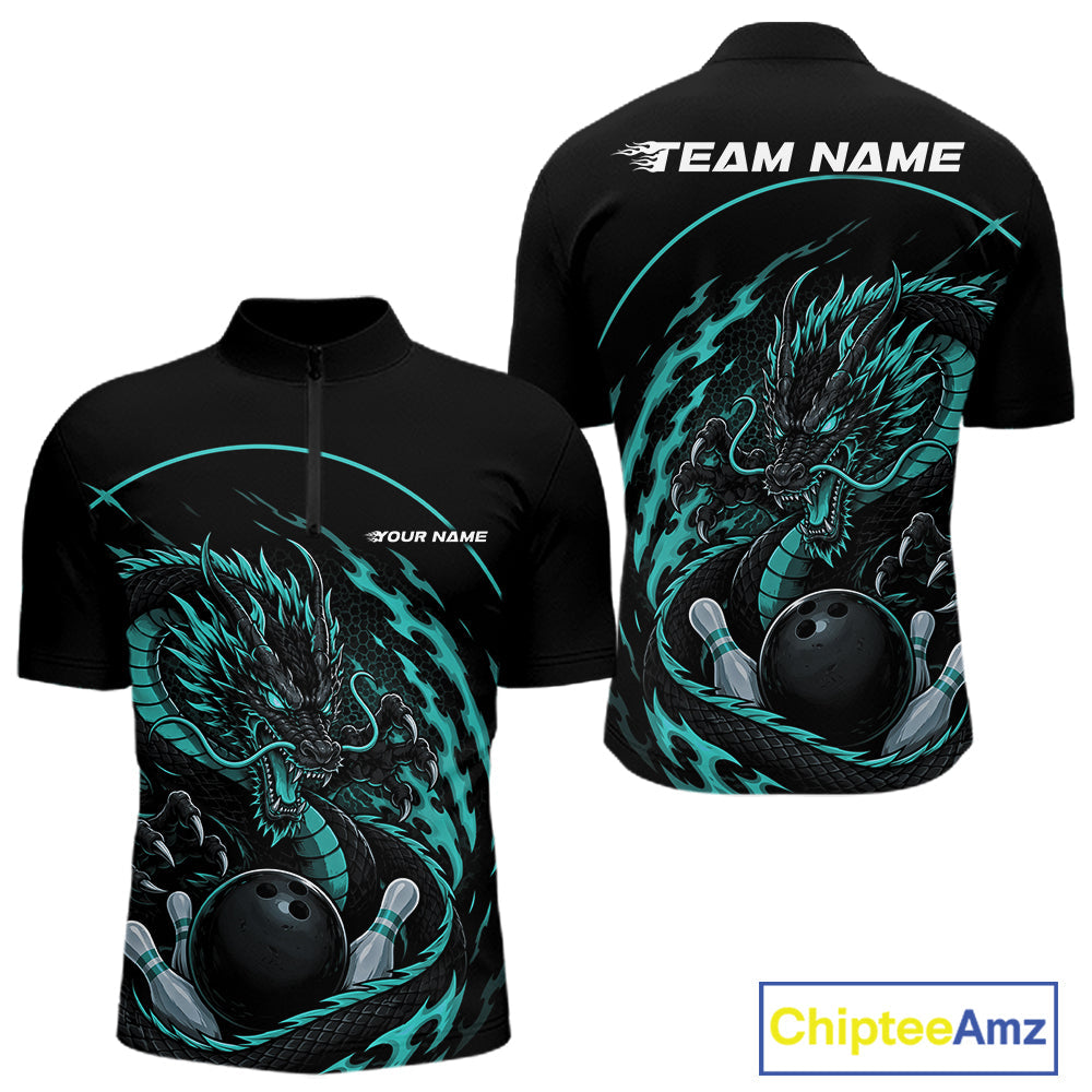 Personalized Blue Flame Coiled Dragon Bowling Quarter Zip Shirt Team Uniform