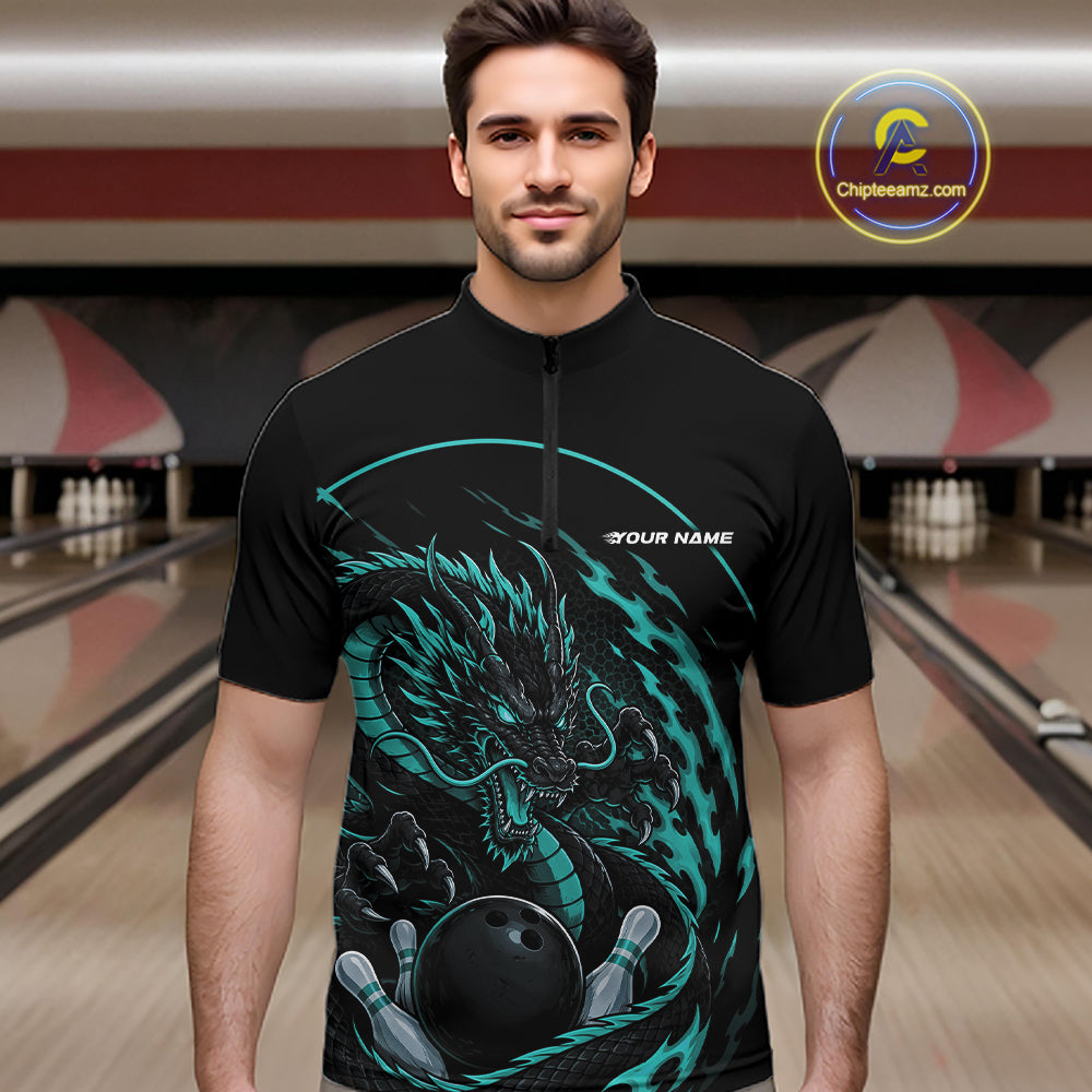 Personalized Blue Flame Coiled Dragon Bowling Quarter Zip Shirt Team Uniform