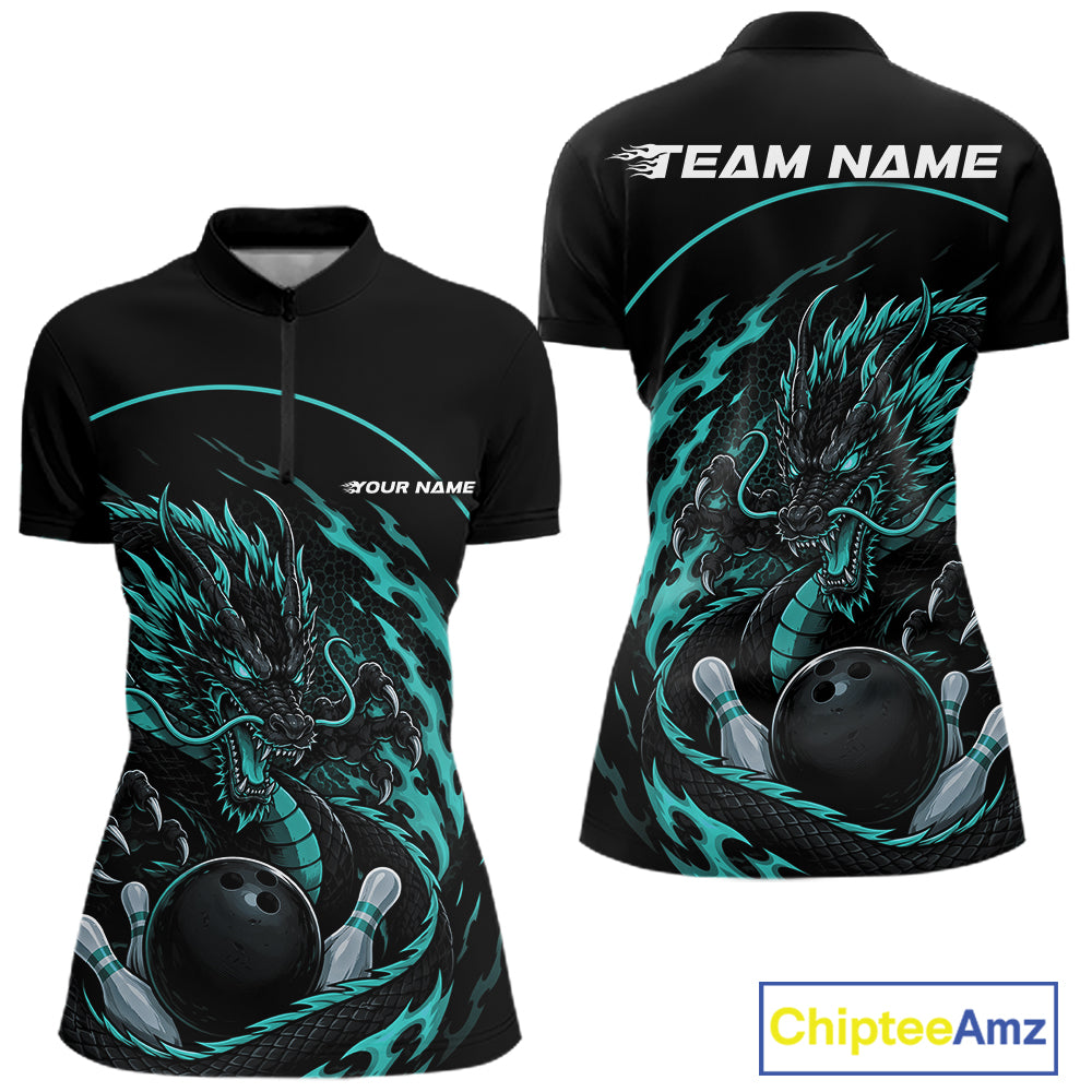 Personalized Blue Flame Coiled Dragon Bowling Quarter Zip Shirt Team Uniform