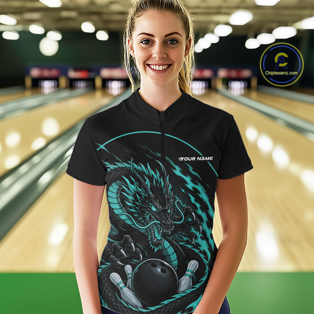 Personalized Blue Flame Coiled Dragon Bowling Quarter Zip Shirt Team Uniform